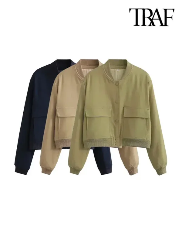 Vintage Bomber Jacket with Pockets – Chic Long Sleeve Casual Outerwear - Image 6