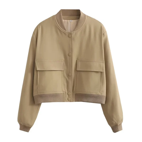 Vintage Bomber Jacket with Pockets – Chic Long Sleeve Casual Outerwear - Image 9