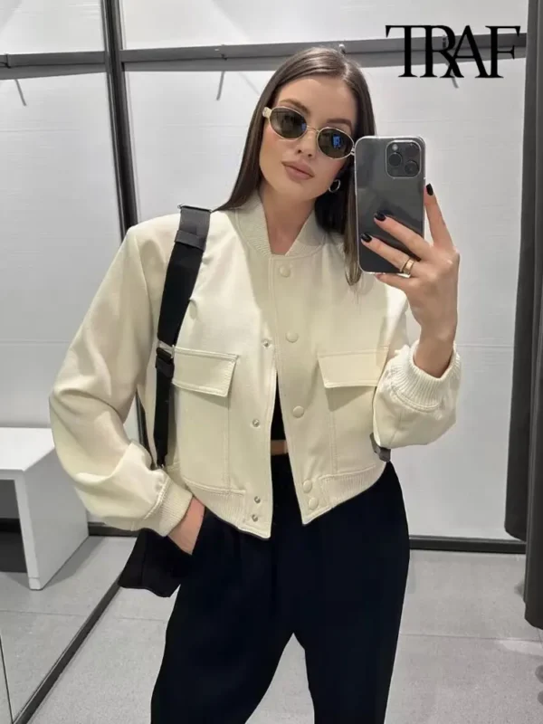 Vintage Bomber Jacket with Pockets – Chic Long Sleeve Casual Outerwear