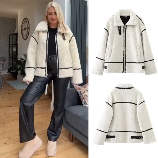 Contrast Color Plush Jacket – Cozy Lamb Wool One-Piece for Autumn