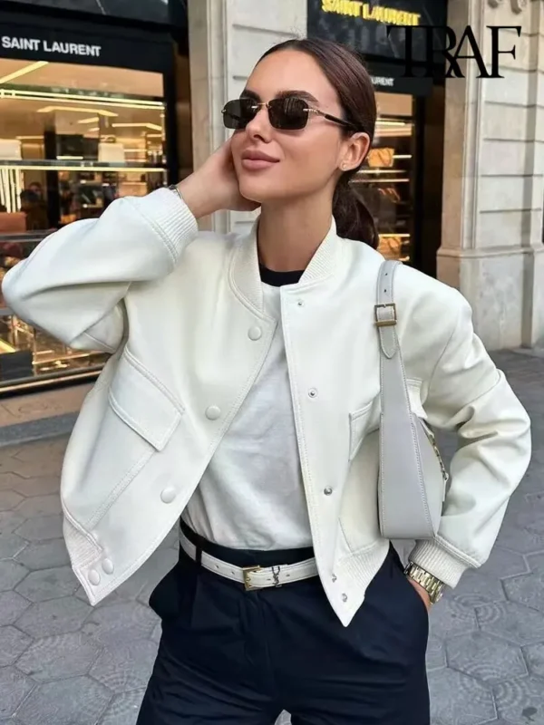 Vintage Bomber Jacket with Pockets – Chic Long Sleeve Casual Outerwear - Image 2