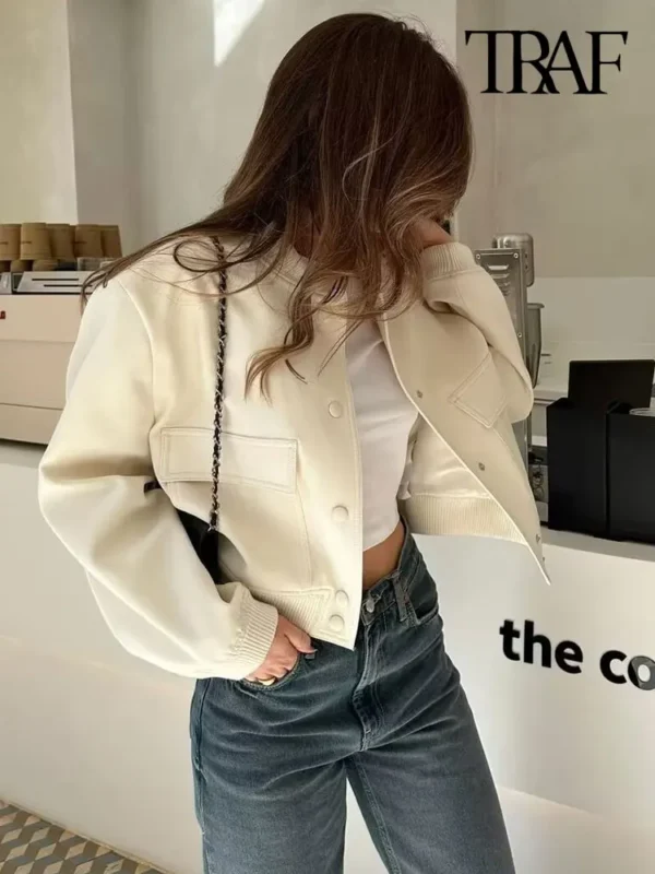 Vintage Bomber Jacket with Pockets – Chic Long Sleeve Casual Outerwear - Image 5