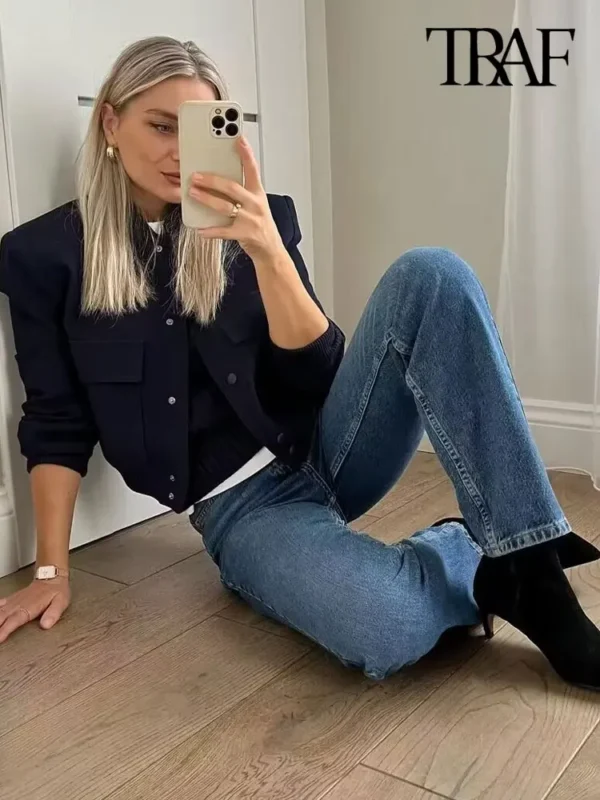 Vintage Bomber Jacket with Pockets – Chic Long Sleeve Casual Outerwear - Image 4