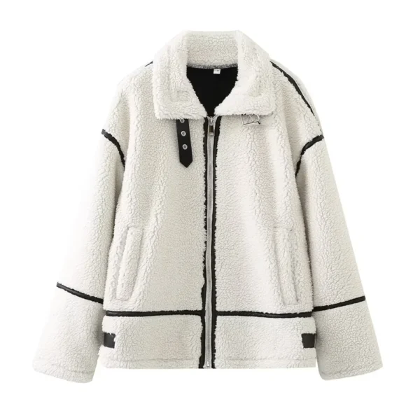 Contrast Color Plush Jacket – Cozy Lamb Wool One-Piece for Autumn - Image 2