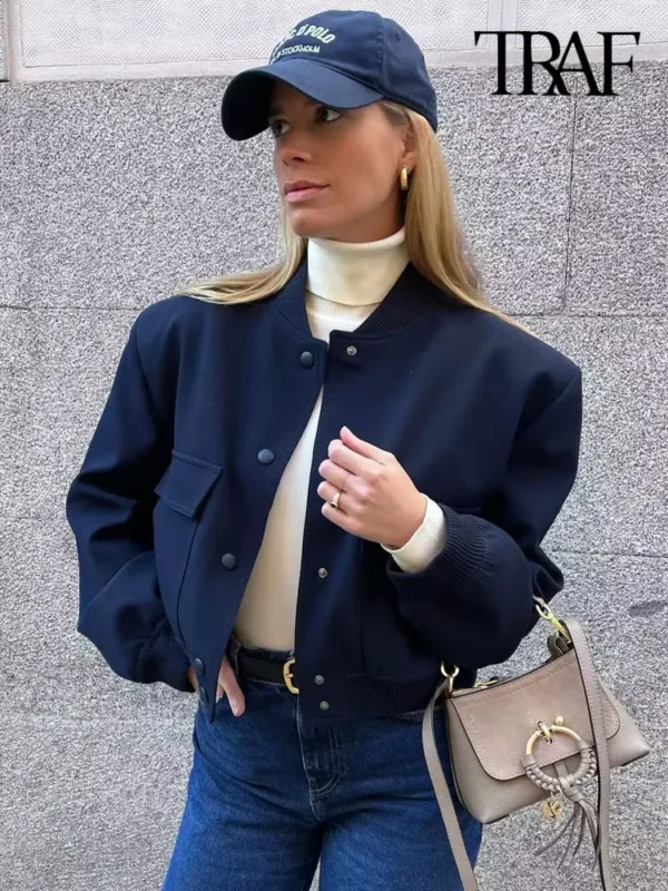 Vintage Bomber Jacket with Pockets – Chic Long Sleeve Casual Outerwear - Image 3