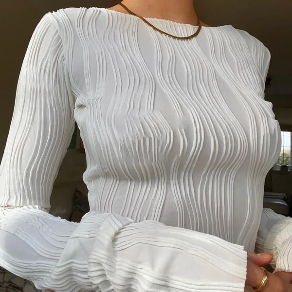 Ruched Long-Sleeve Crop Top in White – Soft Autumn Style - Image 6