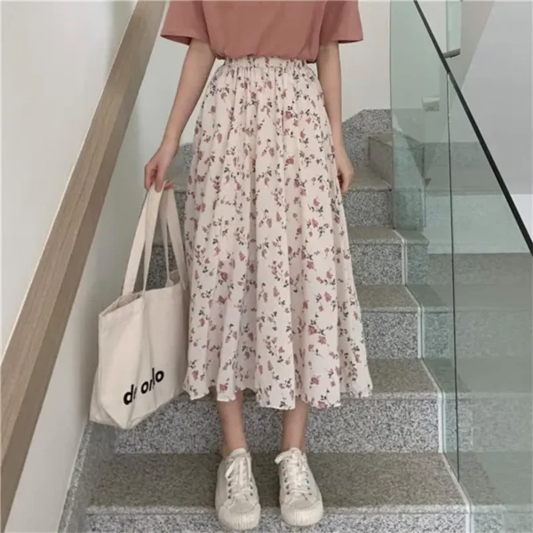 Vintage Pastel Floral Pleated Midi Skirt – Soft Girl Aesthetic - Image 8