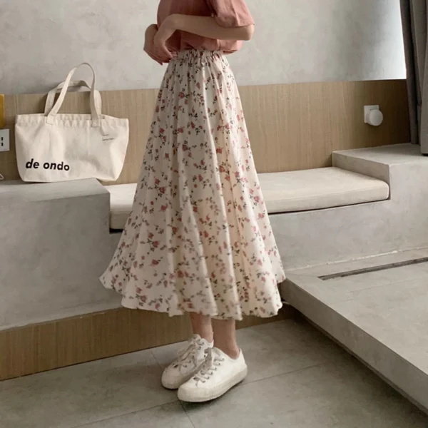 Vintage Pastel Floral Pleated Midi Skirt – Soft Girl Aesthetic
