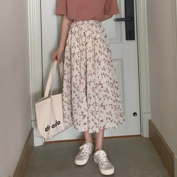 Vintage Pastel Floral Pleated Midi Skirt – Soft Girl Aesthetic - Image 3
