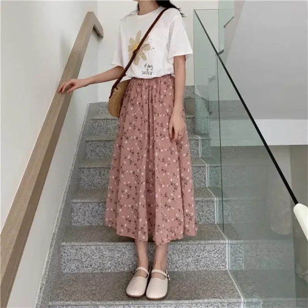 Vintage Pastel Floral Pleated Midi Skirt – Soft Girl Aesthetic - Image 6